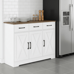 Barn-style kitchen cabinet used as kitchen buffet with plates and wine glasses