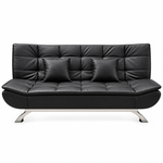 Black PU leather sofa bed with tufted seat, two cushions and chrome legs