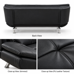 Black PU leather sofa bed rear view, armrest and upholstery texture details