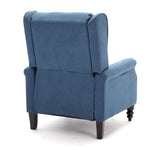 Micasa push back recliner chair showing blue upholstery and sturdy wooden legs from the back view.