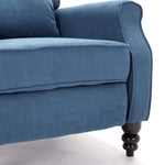 Micasa push back recliner chair in blue fabric showing plush cushioning and elegant wooden legs.