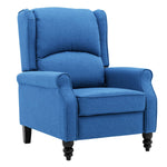 Micasa push back recliner chair in blue fabric with plush cushioning and sturdy legs.