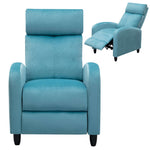 Recliner Chair CR-KJ2003 in blue fabric showcasing upright and reclining positions for ultimate comfort.