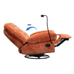 Swivel rocker glider couch with phone holder in reclined position showing 160-degree angle and plush texture.