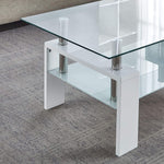 Close-up of the Glass Coffee Table CT-A08 showcasing its elegant dual-tier design with tempered glass and chic MDF legs.