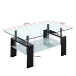 Glass Coffee Table CT-A08 with dual-tier design, tempered glass top, and stylish MDF legs, dimensions 950mm x 550mm x 400mm.