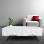 White and gold coffee table CT-A19 with modern design, two drawers, and chic gold accents in contemporary living space.
