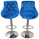 Velvet Blue Bar Chairs Set of 2 with diamond tufting and chrome base for stylish home bar seating.