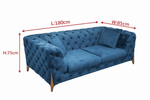 Velvet Chesterfield Sofa with dimensions L:180cm, W:85cm, H:75cm showcasing deep button tufting in elegant blue.