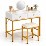 White dressing table with round mirror, two drawers and matching gold-frame stool