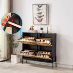 Rattan shoe storage cabinet displaying stylish shoe storage with multiple compartments for entryway organization.