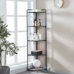 Black corner shelf with various items in a room with a clock on the wall. | Artisansa SA