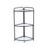Black metal corner shelf with glass shelves on a white background | Artisansa SA