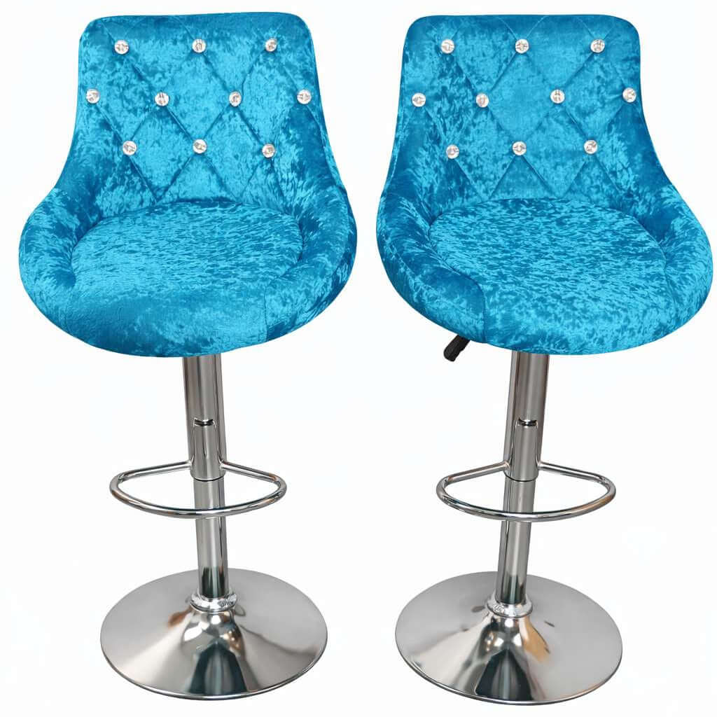 Set of 2 Velvet Bar Chairs in turquoise with diamond tufting and chrome legs.
