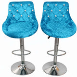 Set of 2 Velvet Bar Chairs in turquoise with diamond tufting and chrome legs.
