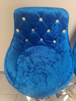Velvet Blue Bar Chairs featuring a plush seat with diamond tufting and decorative buttons, perfect for elegant home décor.
