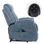 Electric Power Lift Recliner with remote control in blue fabric, showcasing smooth reclining functionality.