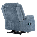 Electric Power Lift Recliner chair in blue fabric with reclining feature and side pocket for remote control.