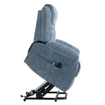 Electric Power Lift Recliner chair in blue fabric with remote control for comfort and mobility support.