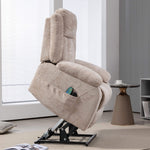 Electric Power Lift Recliner chair in beige, showcasing lifting mechanism and remote control for comfort and mobility.