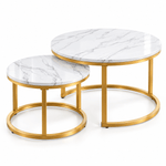 White marble-effect and gold 2-piece round nesting coffee table set on a white background
