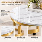 Close-up of white marble-effect tops, gold metal frames and adjustable feet
