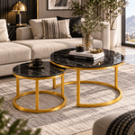 Black marble-effect and gold nesting coffee tables in a modern South African lounge