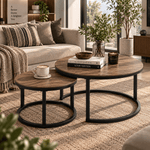 Brown wood-effect nesting coffee tables with black metal frames in a bright lounge