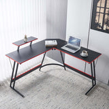 L-Shaped Desk with Monitor Shelf OD-59 showcasing a modern workspace design with sleek lines and red accents.