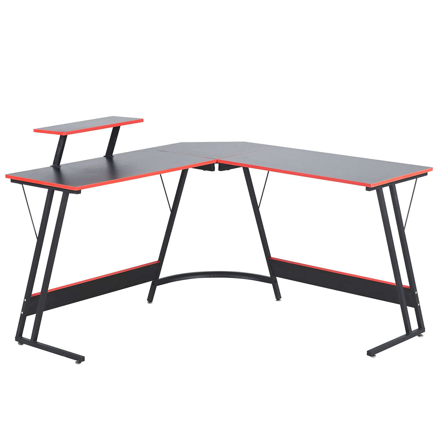 L-Shaped Desk with Monitor Shelf featuring a sleek black design and red accents, perfect for work and gaming setups.