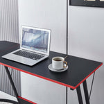 L-Shaped Desk with Monitor Shelf featuring a laptop and coffee cup on a modern black and red surface.