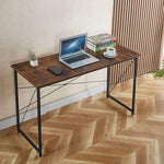 Space-saving teak wood computer desk with industrial steel legs