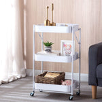 3-Tier Storage Cart in white with three baskets, decorative items, and plants, perfect for organizing and maximizing space.