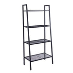 4-tier ladder shelf in a sleek black metal design, featuring four mesh shelves for storage and display.