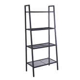 4-tier ladder shelf in a sleek black metal design, featuring four mesh shelves for storage and display.