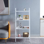 4-tier ladder shelf displaying decorative items in a modern living space with gray walls.
