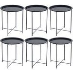 Steel side table set featuring six modern black tables with detachable trays and sturdy frames.
