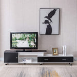 Adjustable TV Stand TV-218 in black and white with storage, featuring a TV display and modern decor.