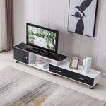 Adjustable TV stand TV-218 in black and white, featuring drawers and storage, enhancing modern living spaces.