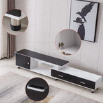 Adjustable TV stand TV-218 in black and white with drawers and storage, showcasing modern design and sleek features.