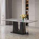 Rectangular marble dining table Q-03 with stylish black U style legs and elegant floral centerpiece.