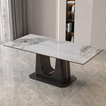 rectangular marble dining table Q-03 featuring a white marble tabletop and black U style leg design.