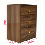 Modern 3-Drawer Nightstand with Gold Handles showcasing three spacious drawers in a stylish wood finish.