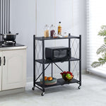 Mobile Kitchen Shelf with three tiers holding a microwave and organized jars of food in a modern kitchen setting.