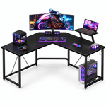 Black L shaped computer desk with monitor shelf for home office and gaming setup