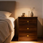Modern 3-Drawer Nightstand with Gold Handles, designed for contemporary bedrooms, showcasing sleek design and practical storage.