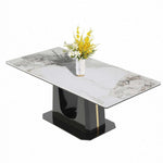 Rectangular marble dining table Q-03 with black U style leg and floral centerpiece.