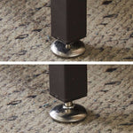 Close-up of adjustable legs on a TV stand with charging station, showcasing sturdy metal and stability features.