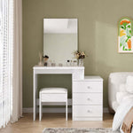White Dressing Table with Mirror set against a soft green bedroom wall with a matching stool and side storage drawers