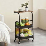 3-Tier Rolling Storage Cart with Wood Top, featuring snacks and beverages for convenient organization in any space.